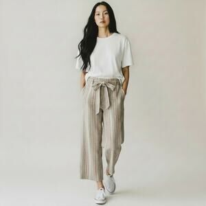 Marc Cain Striped Linen-Blend Cropped Wide-Leg High-Rise Pants Tan Orange